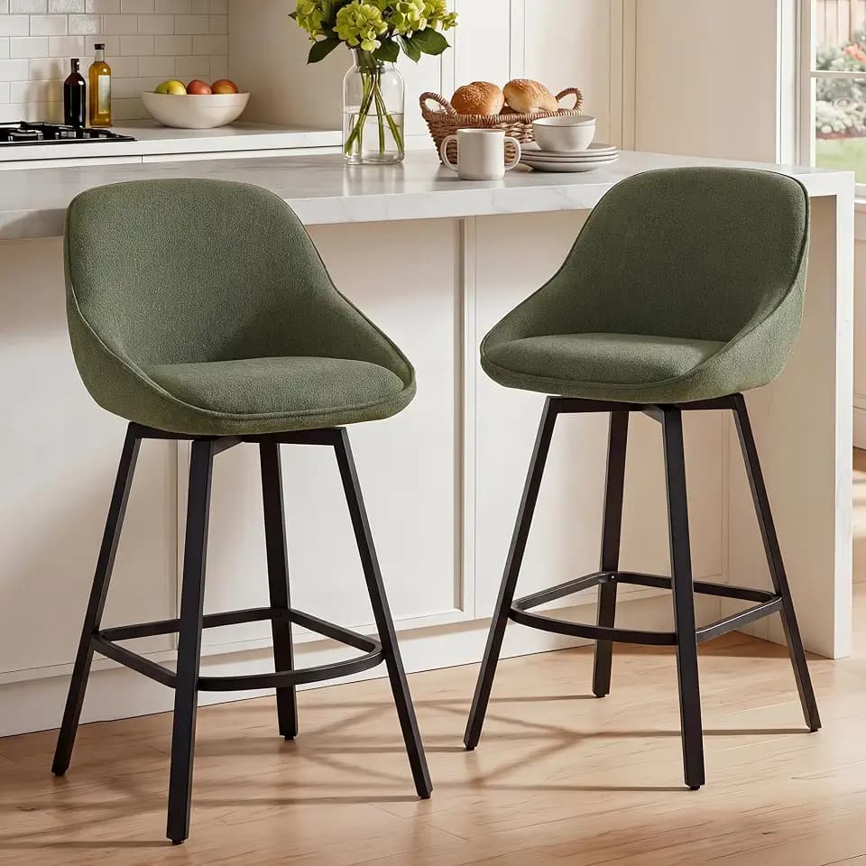 KISLOT 26'' Counter Height Stools Set of 2, Swivel Upholstered Fabric Barstools with Backs, Metal Legs for Kitchen Island, Green