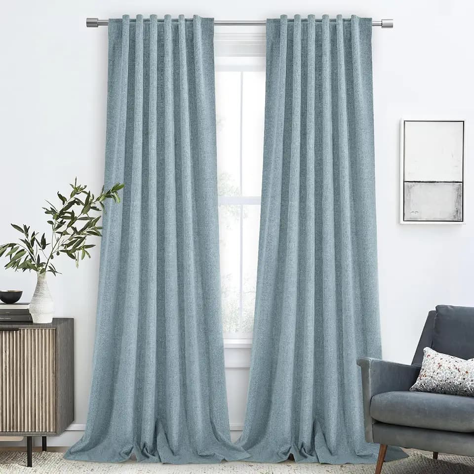 PANGSINNE 102 Inch Long 100% Blackout Curtains 2 Panel Set, Pleated Linen Black Out Back Tab Darkening Thermal Insulated Curtain Drapes for Bedroom, 52x102 in Length, Dusty Blue