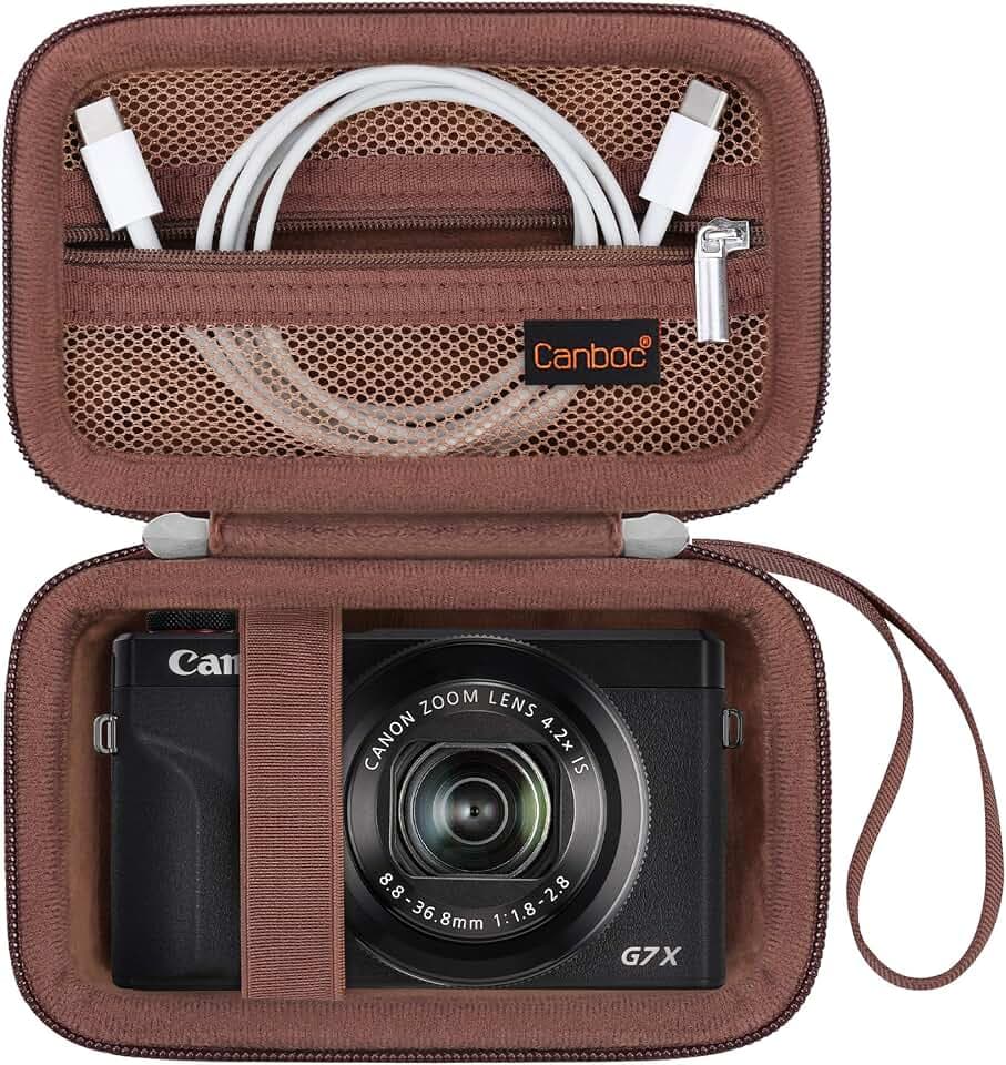 Canboc Tragetasche für Canon PowerShot G7 X Mark III / G7X Mark II Digital 4K Vlogging Kamera, SX740 SX730 Kameratasche, Reißverschluss Mesh Tasche passt USB-Kabel, Batterien, Braun