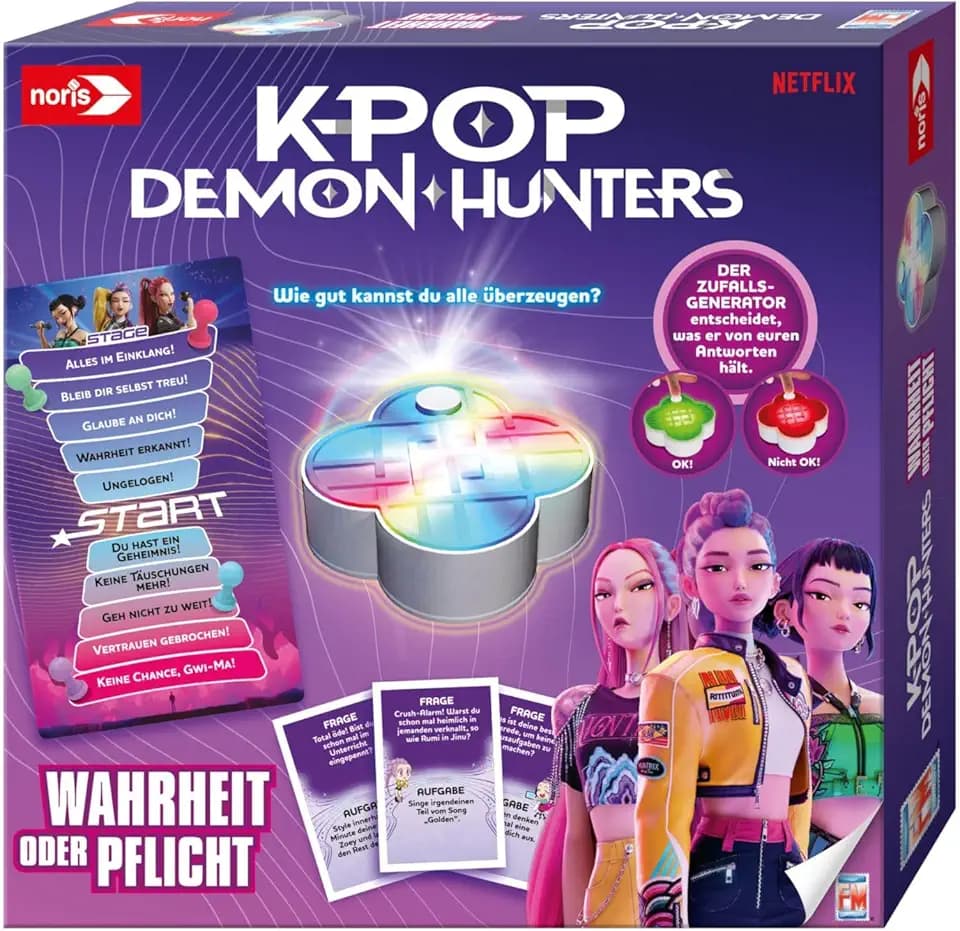 noris K-POP Demon Hunters Spiel - Partyspiel, Wahrheit oder Pflicht mit elektronischem Zufallsgenerator, Fan-Spiel zur Netflix Musical-Fantasy-Animation, Brettspiel für 2 bis 4 Fans ab 8 Jahren