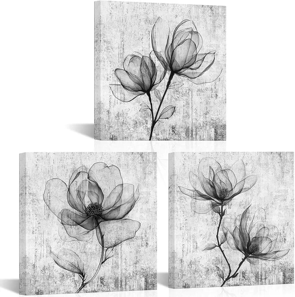 VANSEEING 3 Pieces Floral Wall Art Canvas Prints Vintage Grey Magnolia Flower Gray Wall Decor Botanical Painting Plants Pictures Artwork Decoration for Bathroom Bedroom 12"x12"x3