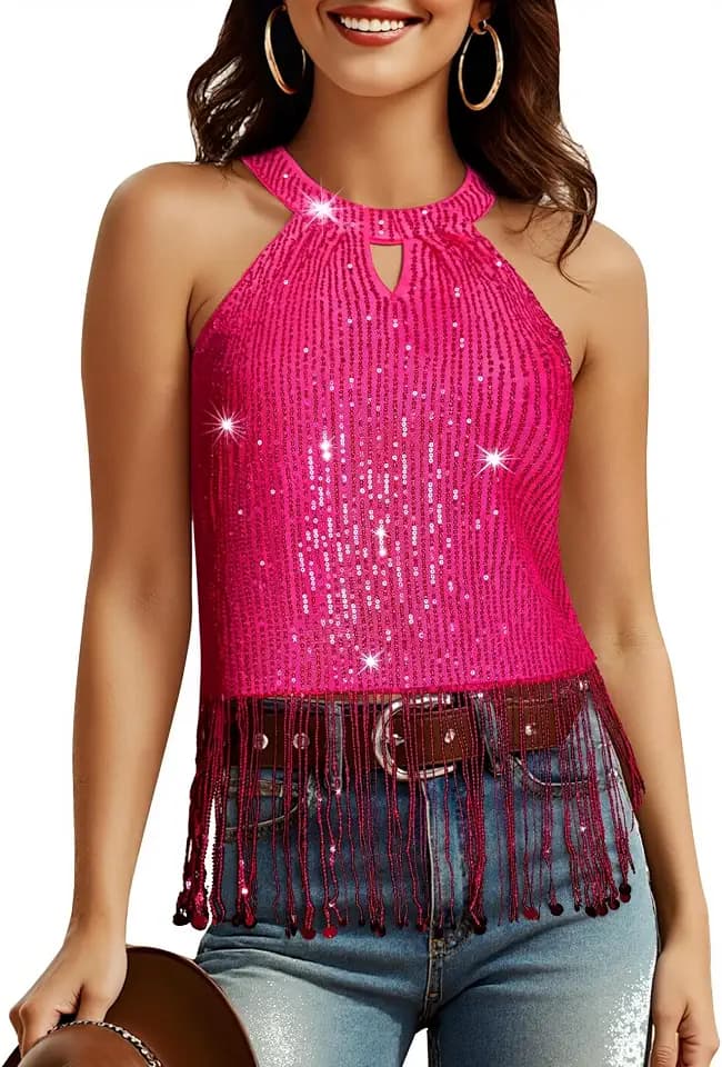 Aupuls Neckholder-Fransen-Konzert-Outfits für Damen, Pailletten, Disco-Tops, Western-Cowgirl-Outfit