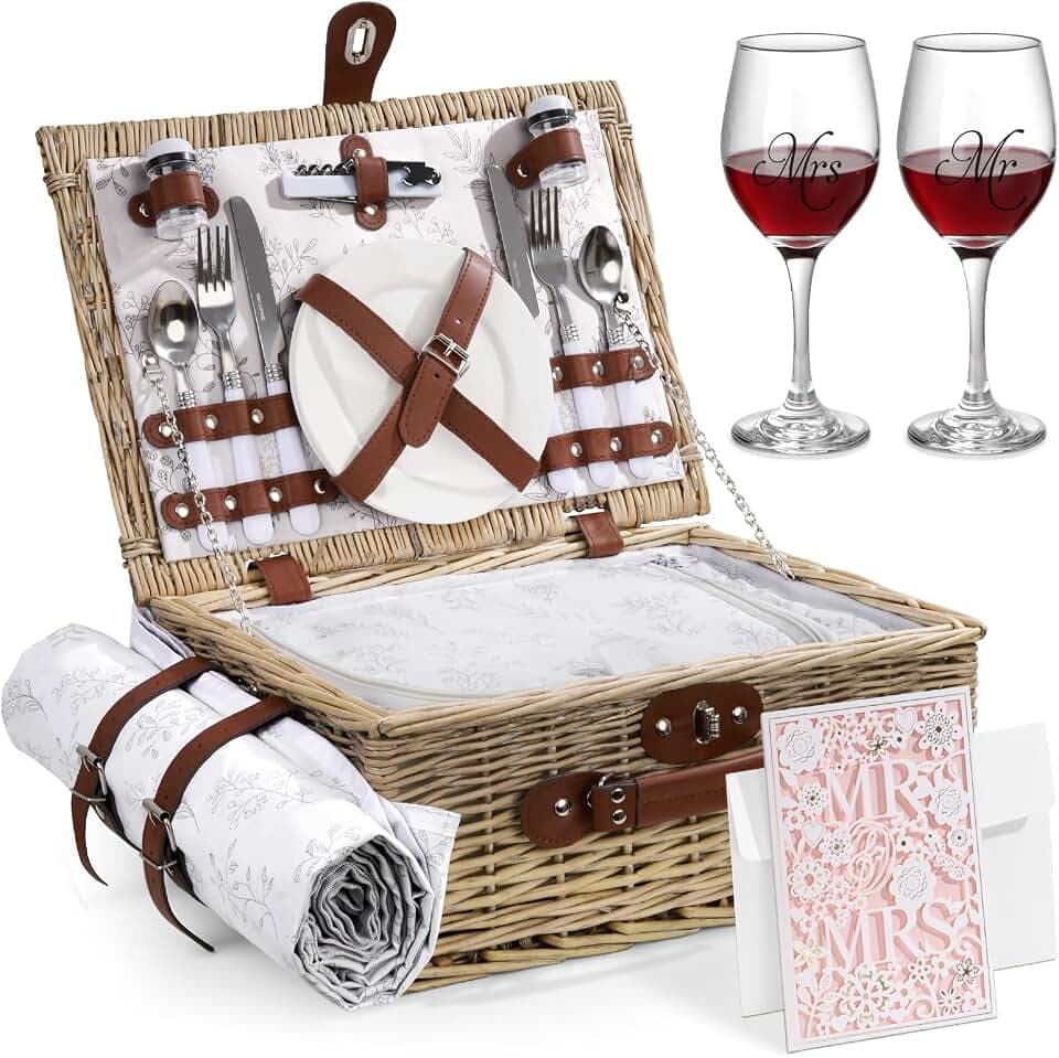 Picnic Basket for 2 with Mr Mrs Wine Glass Bridal Shower Gift