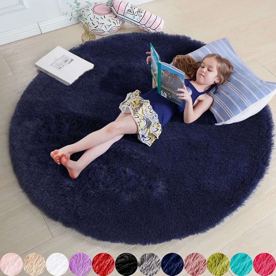 Amdrebio Dark Navy Blue Round Rug 4Ft for Kids Boys Bedroom Living Room