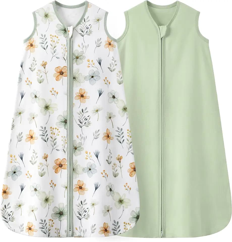 Baby Sleep Sack 6-12 Months 0.5 TOG, 100% Cotton Baby Wearable Blanket 2 Pack with 2-Way Zipper, Lightweight Sleep Bag for Boys ＆ Girls Newborn Infant Breathable Sleeing Sack Green Flower