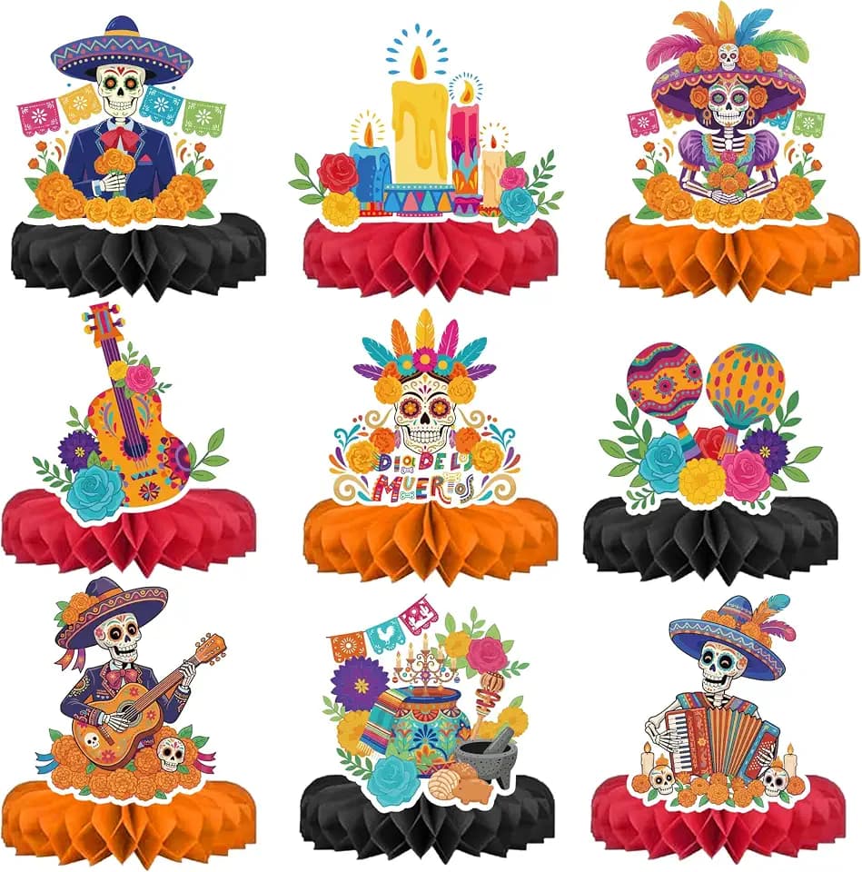 9Pcs Party Decorations Honeycomb Centerpieces for Tables, 3D Theme Table Toppers,Party Supplies (Day of the Dead, Paper)