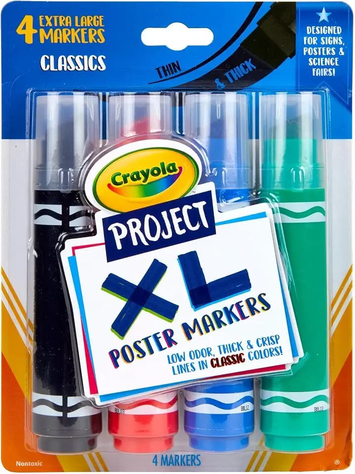 Crayola XL Poster Markers 4ct, Assorted Classic Colors, School Supplies
