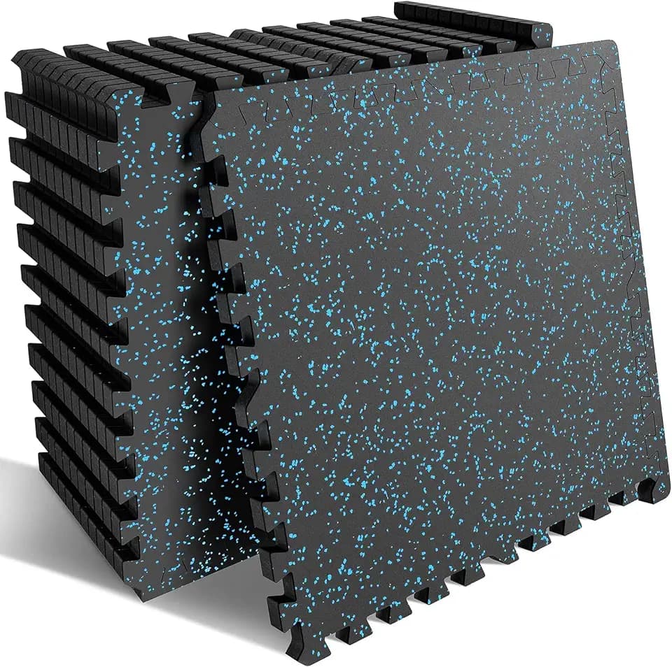 0.56" Thick 48 Sq ft Exercise Equipment Mats,12 Tiles Rubber Interlocking Puzzle Gym Flooring with High Density EVA Foam for Home Gym, Heavy Weight Workout, 24 x 24in Black/Blue