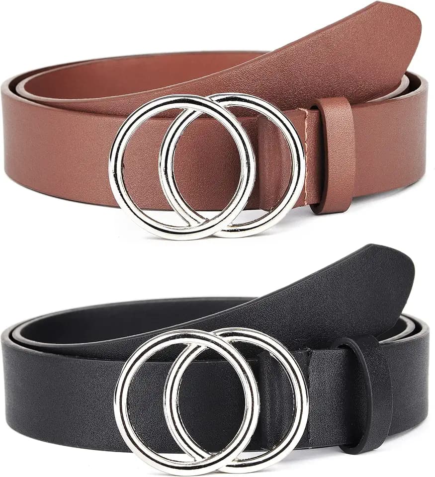Pack 2 Women Belts for Jeans with Fashion Double O-Ring Buckle and Faux Leather