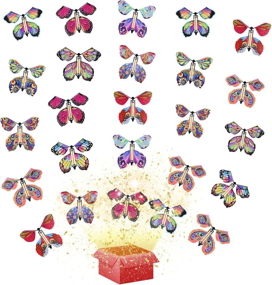 TSHAOUN 25 Stück Magische Schmetterling Spielzeug, Fliegender Schmetterling Karte, Magic Flying Butterfly Card Wind up Butterfly Kinder Überraschung Geschenk für Geburtstag, Hochzeit (Zufällige Farbe)