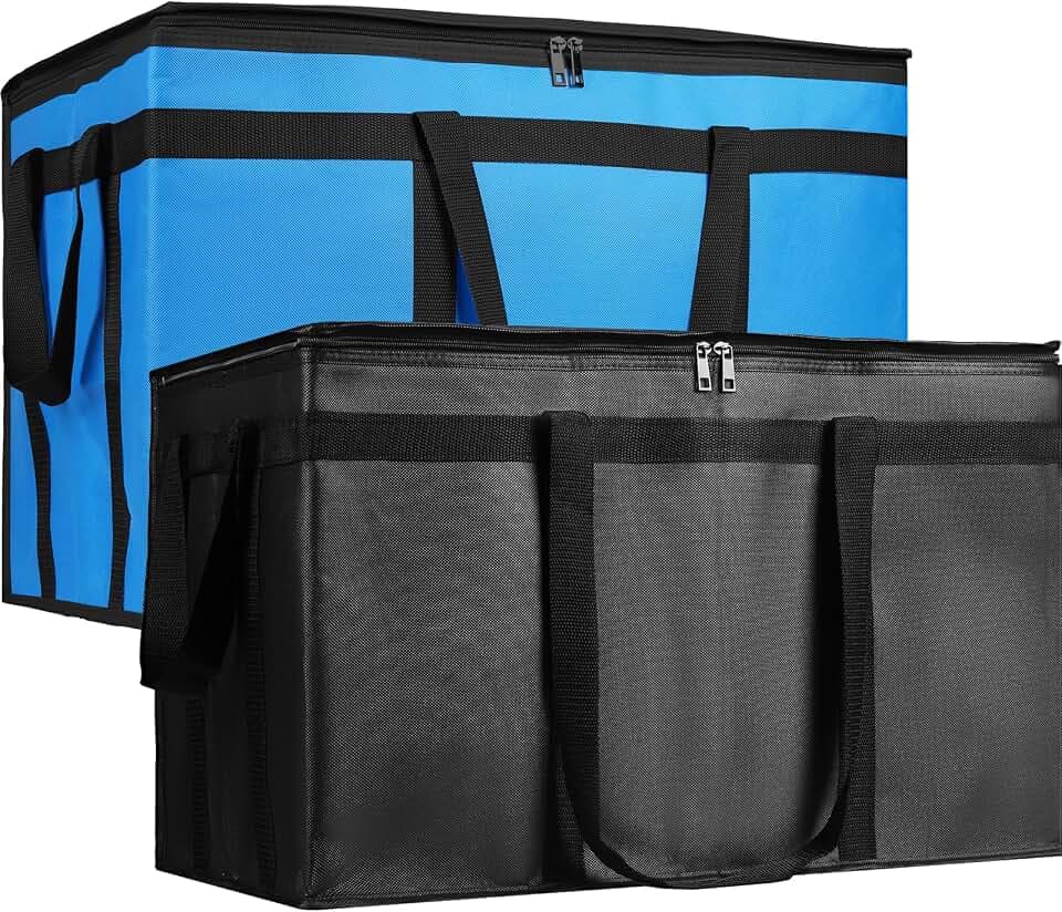Bodaon 2PK Cooler Insulated Food Delivery Bag for Delivery Drivers, XXX-Large Thermal Bags for Catering/Hot Pizza, Travel/Camping/Picnic Basket，Grocery Reusable Warmer Frozen Essentials(Black +Blue)