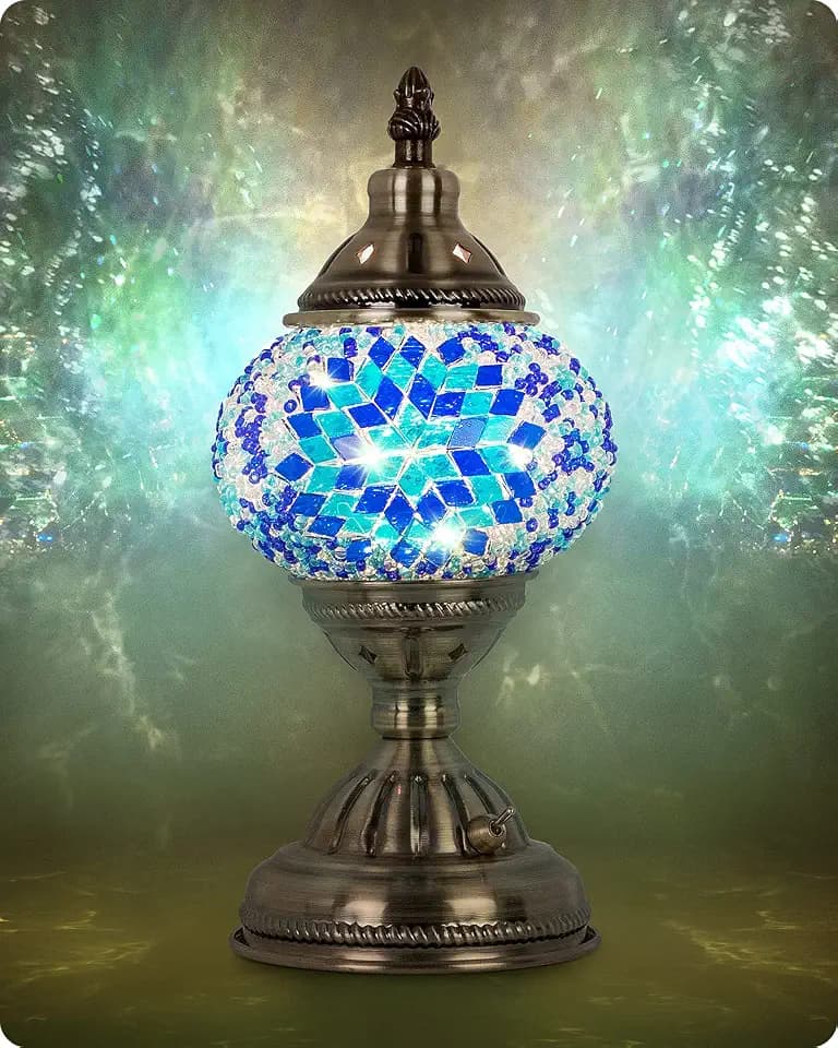 Yarra-Decor Turkish Moroccan Lamp with Bronze Base Handmade Tiffany Mosaic Glass Lamps Portable Bedside Lamps with Rechargeable Battery 2000mAh (LED Bulb Included) (Blue2)