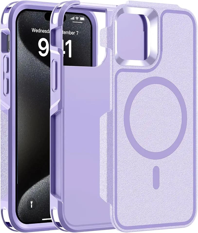 Magnetic Case for iPhone 15 Pro Max 6.7'',[Compatible with Magsafe][Heavy Duty Shockproof][Military Grade Drop Protection][Non-slip] Rugged Durable 5-Layer Hard Bumper Phone Cover-Light Purple