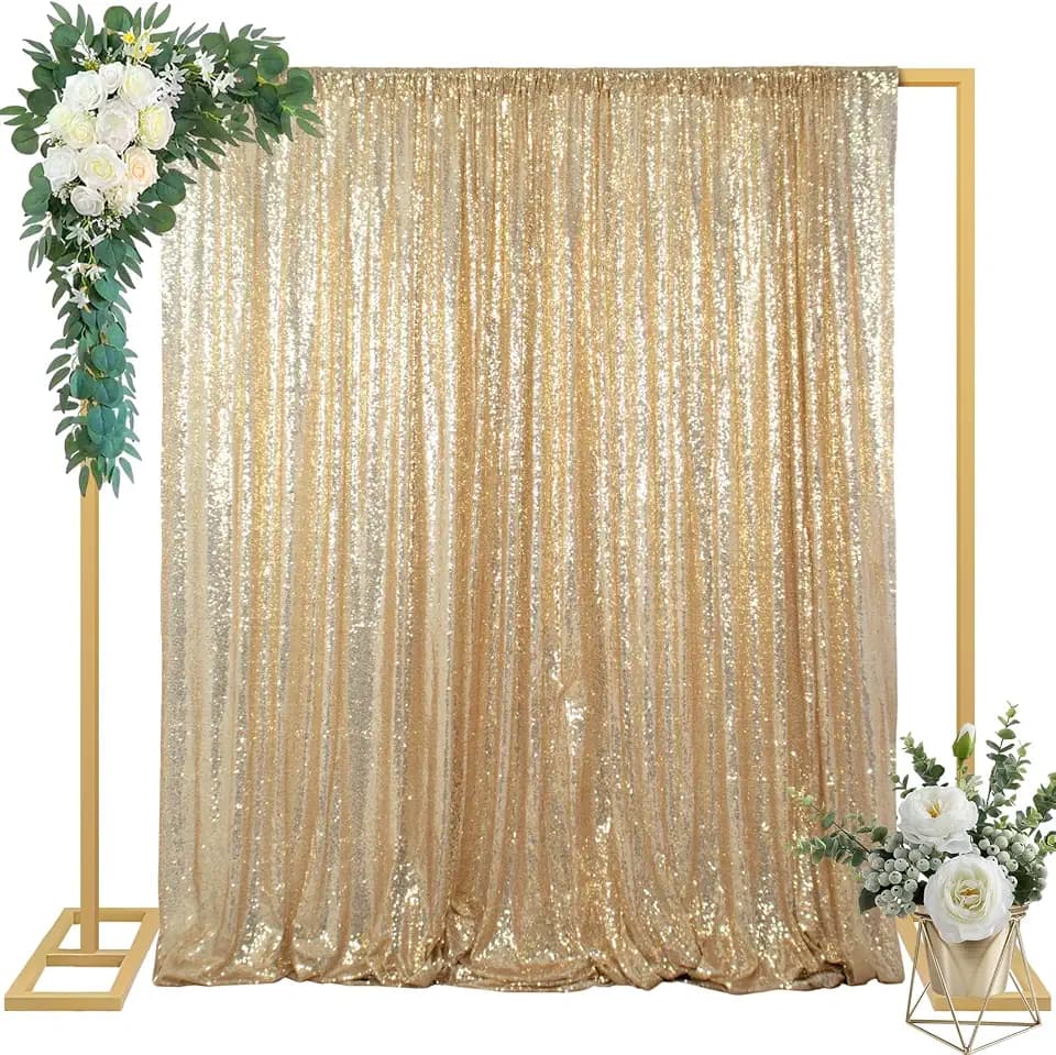 ShinyBeauty Champagne Gold Sequin Backdrop 10x10, Shimmer Curtain for Party