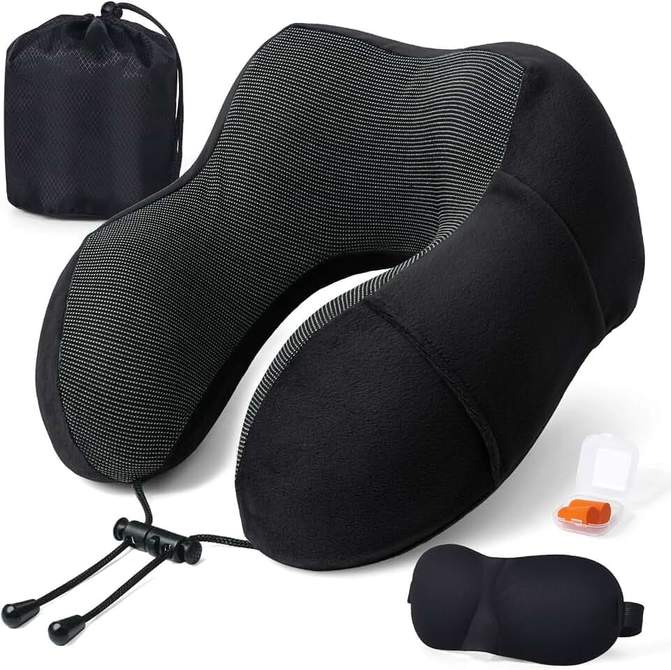 Nackenkissen Flugzeug - Reisekissen Memory Foam - Nackenhörnchen Erwachsene - mit 3D-Schlafmaske und Ohrstöpsel - Ideal für Flugzeugstuhl, Auto, Zuhause, Büro, Schlafkissen