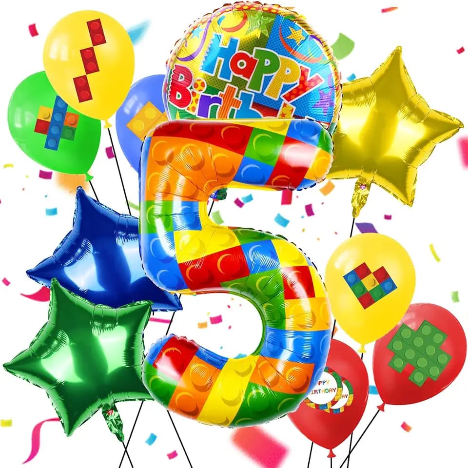 40 Inch Building Block Number Balloon, Colorful Number Block Foil Number 5 Balloons Large Big Numbers Helium Balloon for Girls Boys 5th Birthday Brick Theme Party Decorations (Number 5)