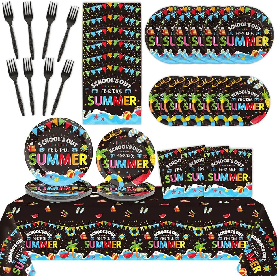 School's Out for The Summer Tableware Set for Kids Class End of School Year Theme Plates Supplies School's Out Plates Napkins Tablecloths Serves 24 Guests Graduation Preschool Party Decorations Favors