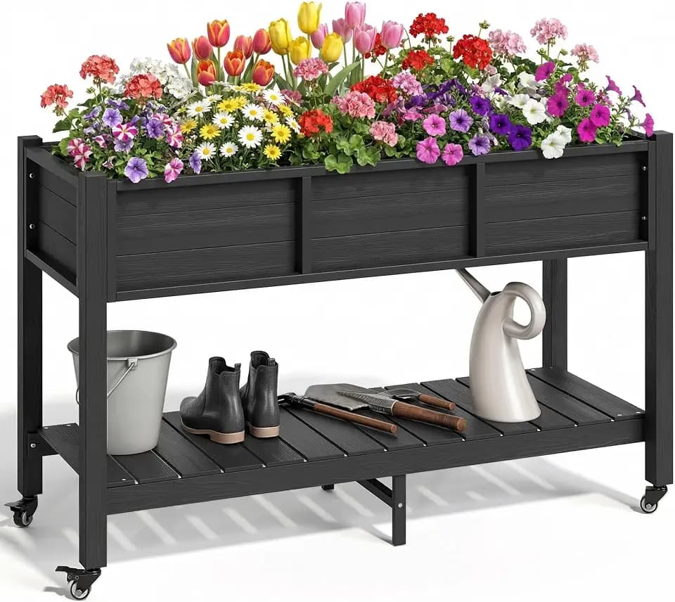 YITAHOME Raised Garden Bed HDPE, 47x18x31In Raised Flower Bed Poly-Wood Weather-Resistant Elevated Planter Box with Lockable Wheels & Storage Shelf for Vegetable Flower, Black