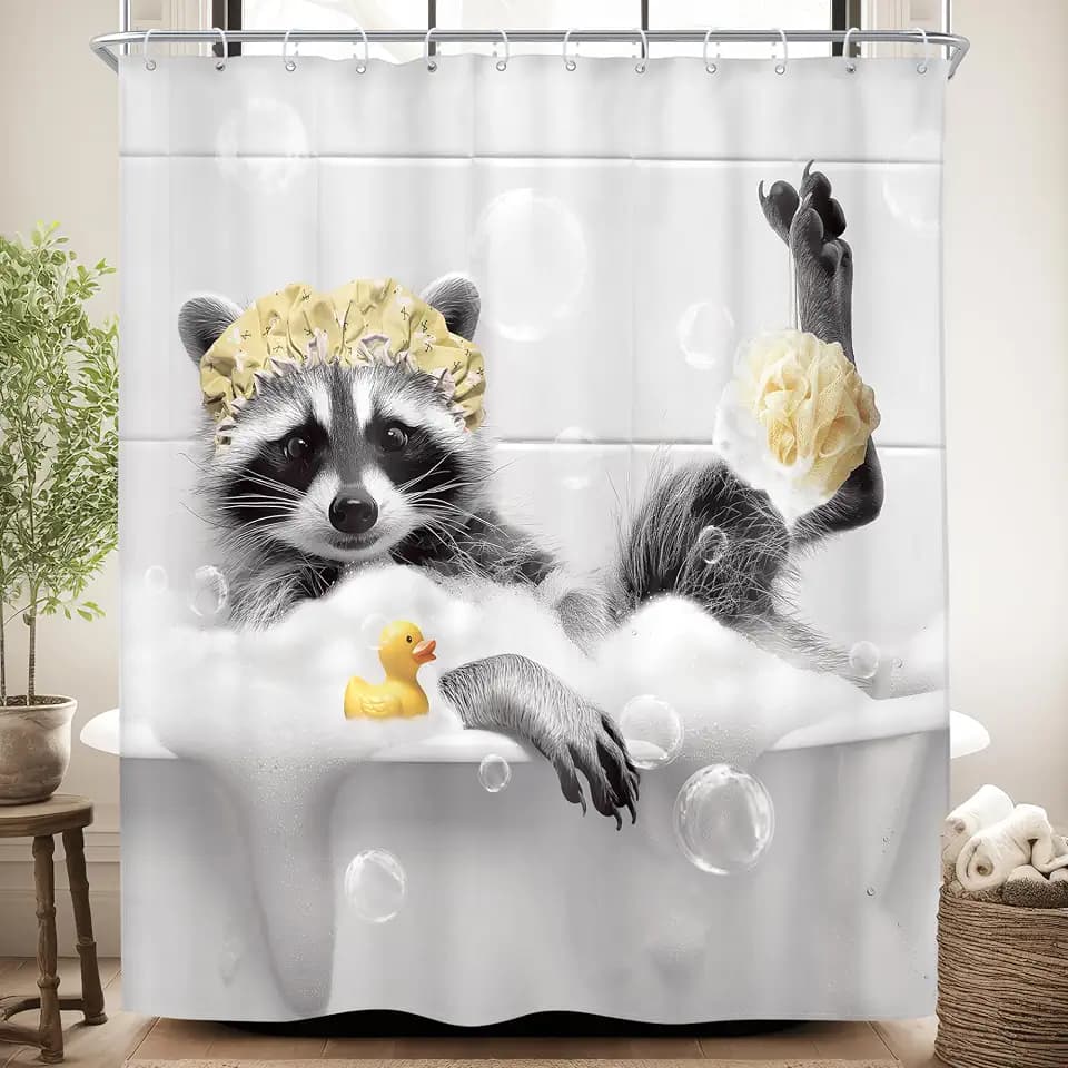 Kids Funny Raccoon Bathtub Shower Curtain Set Farmhouse Farm Bathroom Decor