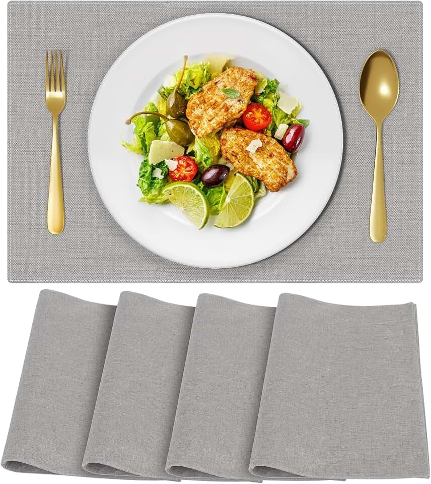 Cloth Placemats, Set of 4 Heat-Resistant Cotton Linen Blend Double Layered Machine Washable Place Mats, Wrinkle Free Thick Fabric Dining Table Mats for Indoors & Outdoors (Light Grey, 4)