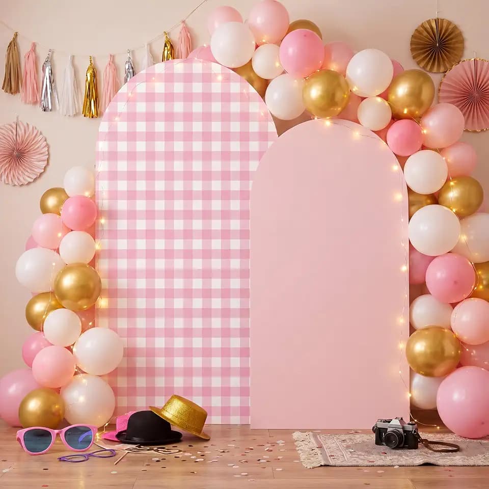 Tegeme 2 Set Gingham Arch Backdrop Cover 7.2ft 6.6ft Arch Cover, Pink