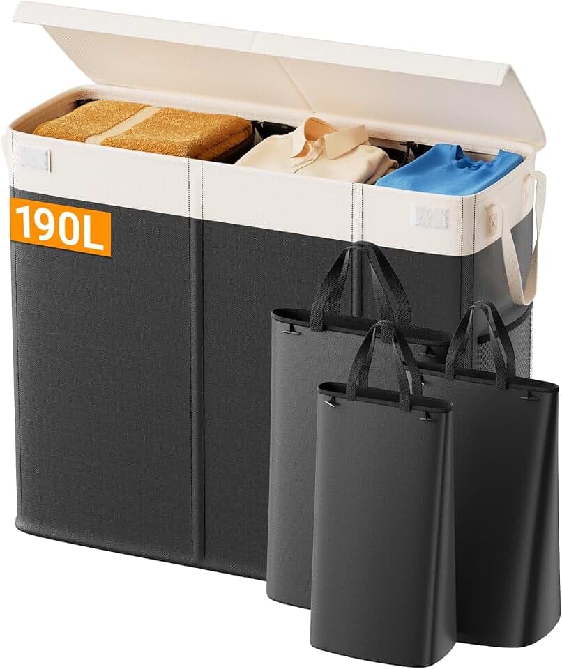 190L Wäschekorb 3 Fächer und 3 Herausnehmbarer Wäschesack, Großer Wäschesammler mit Deckel, Wäschekorb Schwarz, Wäschetonne mit Griffen, Faltbarer Wäschesortierter, Wäschebox, Laundry Baskets