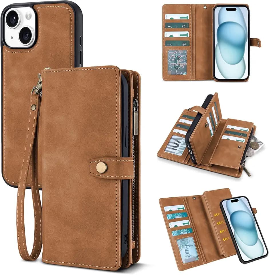 TwoHead for iPhone 15 Wallet Case with 11 Card Holders,Brown