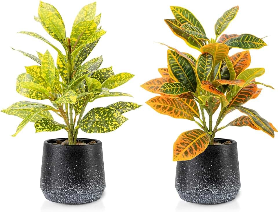 2 Stück Realistische Kunstpflanze Wie Echt, 29cm Künstliche Pflanzen Im Topf, Dekopflanze Immergrün Pflegeleicht Für Büro Badezimmer Küche Wohnzimmer Deko (Codiaeum Variegatum)