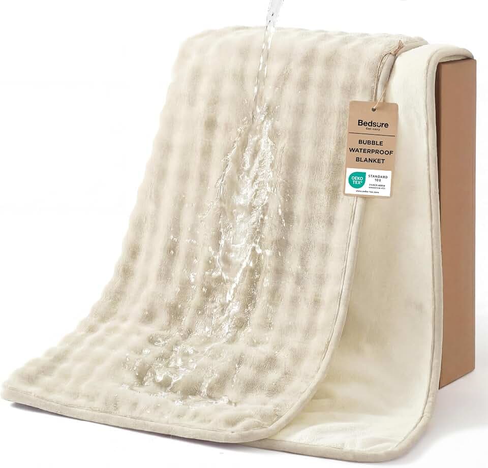 Bedsure Bubble Waterproof Blanket for Couch - Soft Fleece Reversible Dog Blankets for Large Dogs, Waterproof Couch Sofa Cover Bed Protector, Beige/White, Twin 60x80 inches