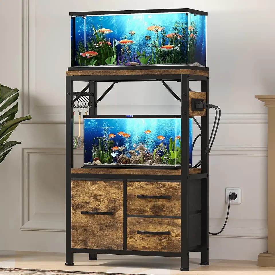 Heybly 5-10Gal Fish Tank Stand with Drawer, Power Outlet,200lbs HAS002SSR-1
