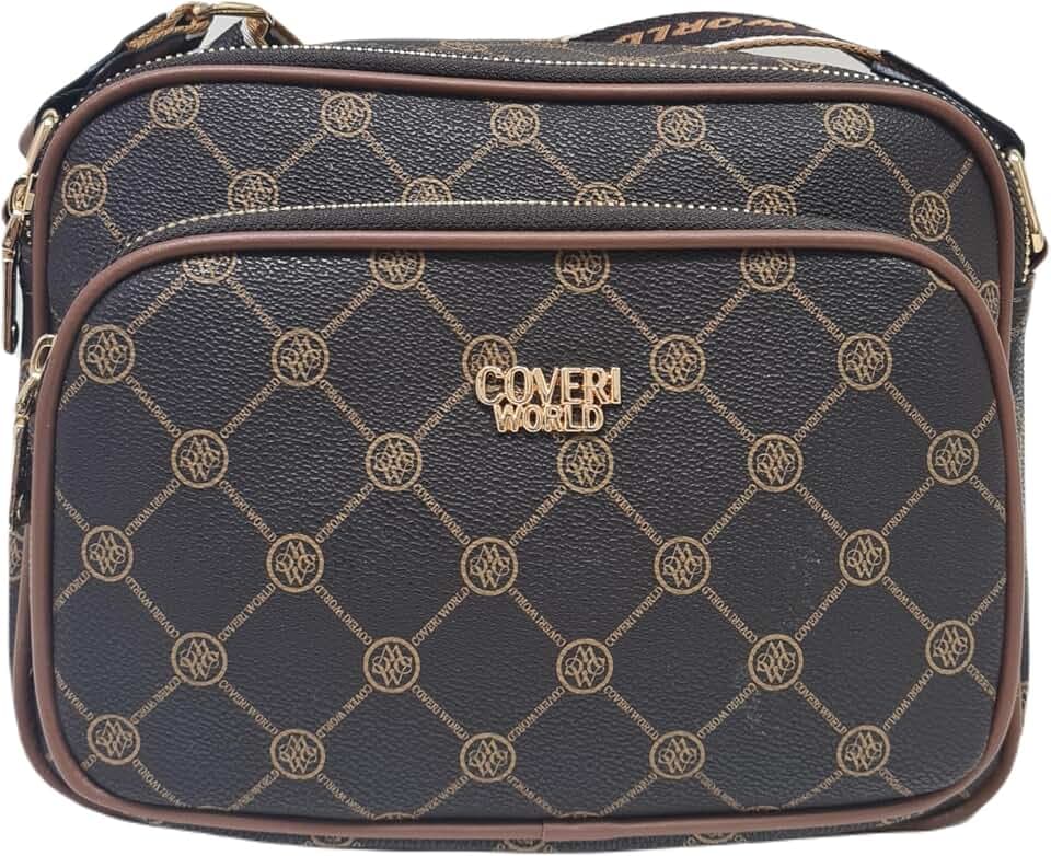 COVERI COLLECTION Damentasche mit Schulterriemen Francesina aus Kunstleder, personalisierter Druck, mehrere Taschen, Doppelfach, verstellbarer Schultergurt, Maße: 25 x 18 x 9 cm. Art. 80013, braun, 25