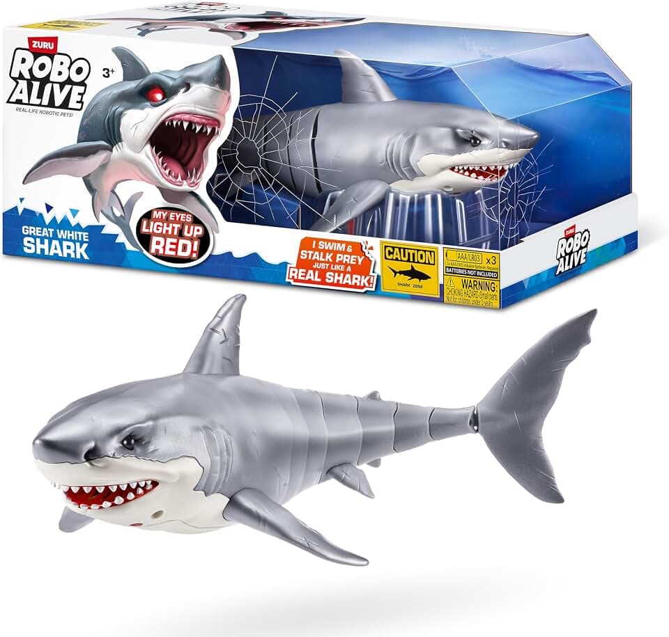 ROBO Alive Great White Shark Serie 1 von ZURU, batteriebetriebenes Roboter-Haispielzeug mit Leuchteffekt, Sommerpoolspielzeug, Badespielzeug, Hai