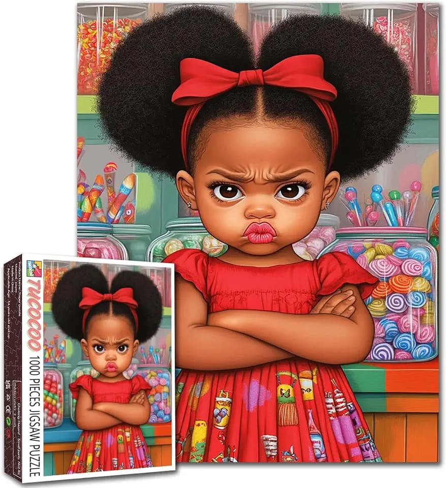 Tucocoo Pouty Little Afro Bun Girl 1000 Pieces Puzzle Colorful Candy Store Jigsaw Puzzle for Adults, African Girl Puzzles for Challenging Family Activity Games DIY Crafts Puzzle for Home Decor Gifts