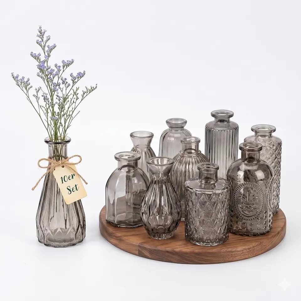 Relaxdays Vasen, 10er Set, strukturiert, Vintage-Design, Glas, H: 10–14,7 cm, kleine Dekovasen für Tischdeko, Farbwahl