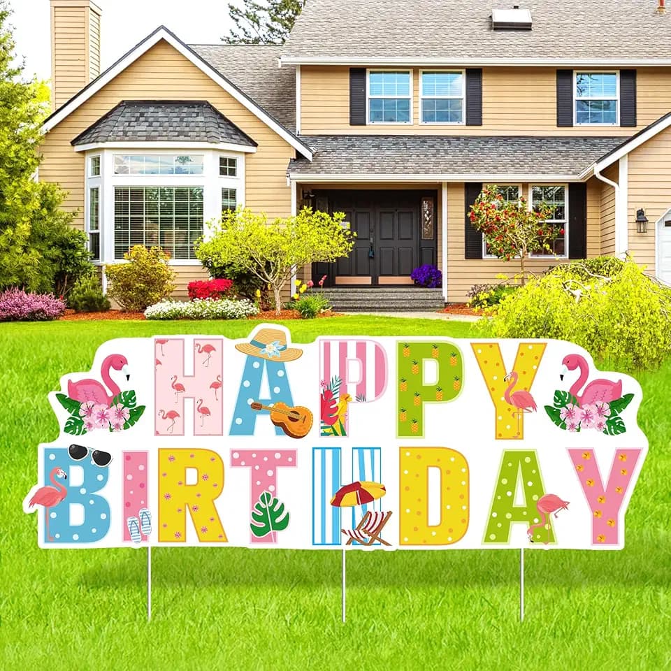Large Hawaiian Happy Birthday Yard Sign, Flamingo Luau Birthday Yard Sign with Stakes, Tropical Theme Party Decorations for Girls Kids, Outdoor Aloha Lawn Sign for Garden Beach Party Supplies