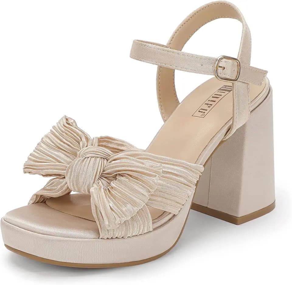 IDIFU Platform Chunky Block High Bow Heels Square Open Toe Heeled Sandals