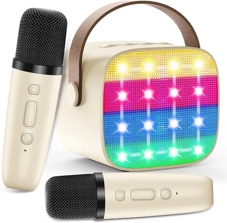 Karaoke Maschine Kinder, Mini Karaoke Maschine mit 2 Mikrofonen, Spielzeug ab 3-12 Jahre Mädchen Jungen Mikrofon Geschenke, Tragbarer Bluetooth-Lautsprecher mit Stimmeffekten & LED-Lichtern