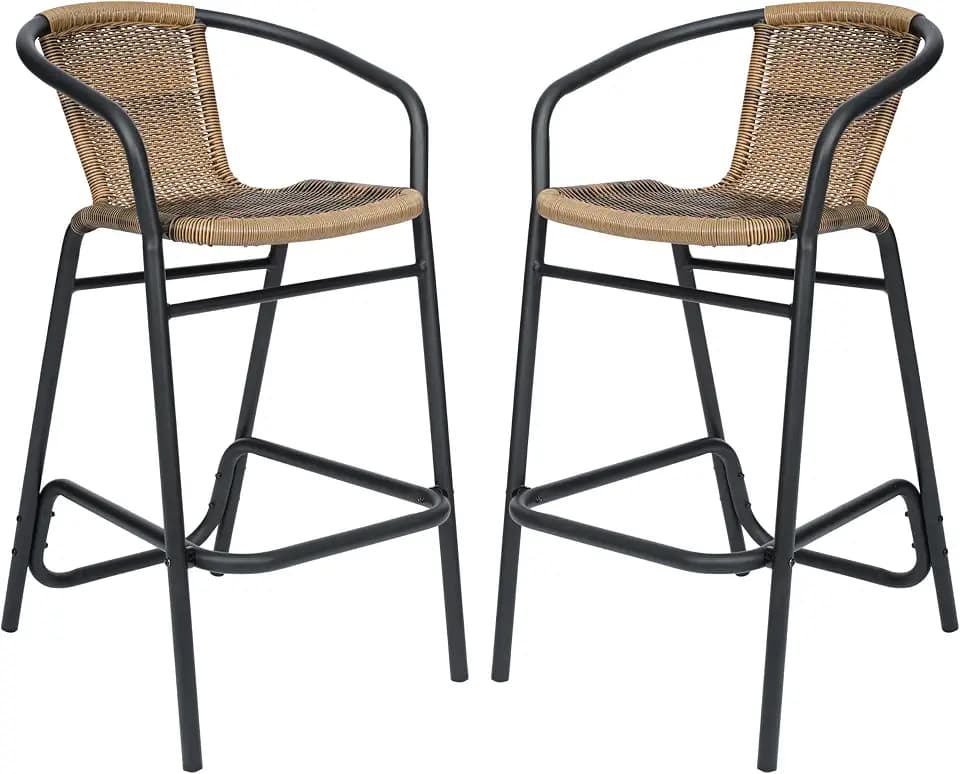 Flash Furniture PE Rattan Indoor/Outdoor Restaurant Barstool, Black, 2-Pack