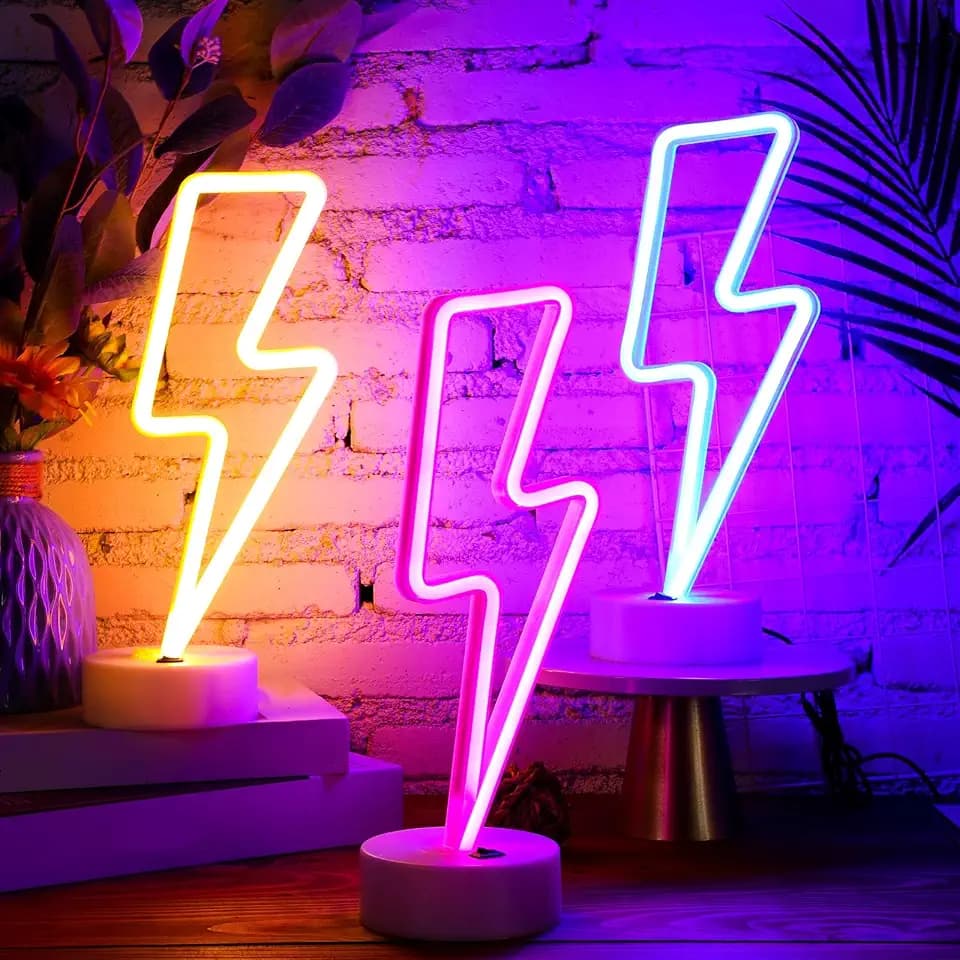 Sieral 3 Pcs Lightning Bolt Neon Signs, Warm White, Blue, Pink
