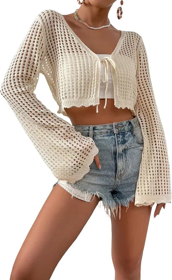 SHENHE Women's Crochet Cardigan Tie Front Tops Boho Lightweight Cover Up
