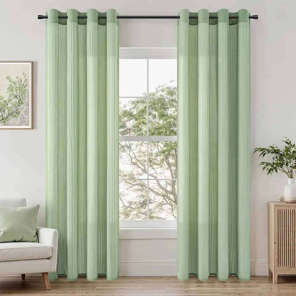 Topfinel Voile Schlafzimmer Vorhänge 2er Set mit Ösen Vorhang Mit Vertikalem Streifenmuster Transparente Stores Gardinen Wohnzimmer Modern 140x240cm Salbeigrün