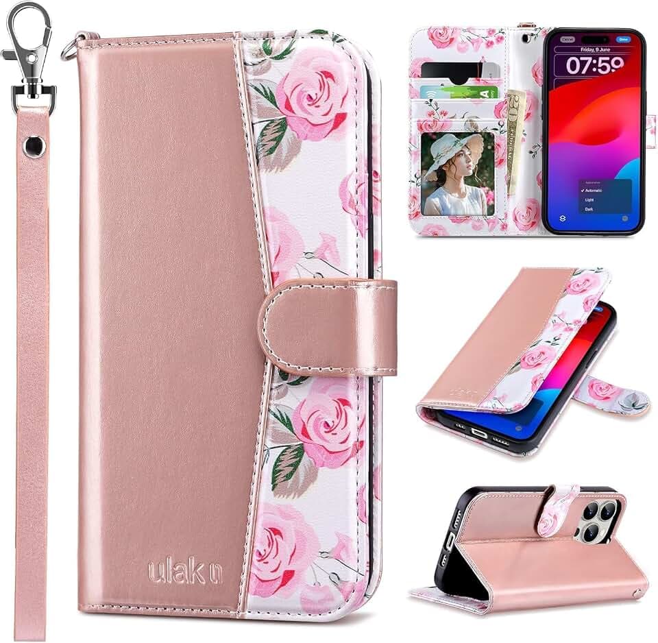 ULAK Compatible with iPhone 16 Pro Max Wallet Case, Rose Pink Floral