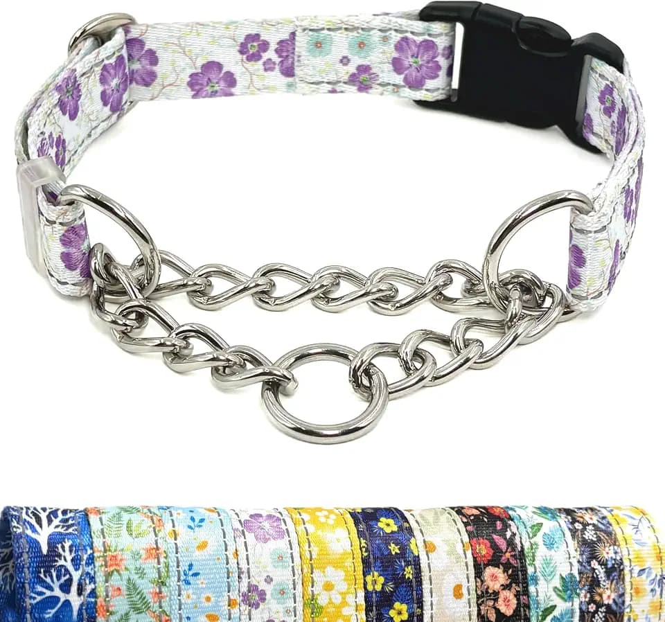 Martingale Dog Collar with Chain, Reflective Nylon Adjustable Collar, S