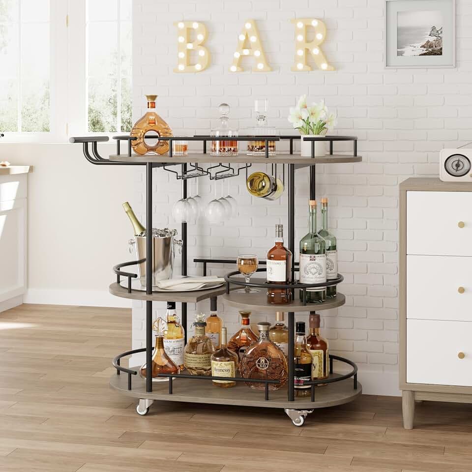 Garvee Bar Serving Cart with Wine Rack and Glass Holder, 3-Tier Rolling Serving Cart with 4 Wheels, Small Serving Table for Living Room, Kitchen, Dining Room, Black+Grey
