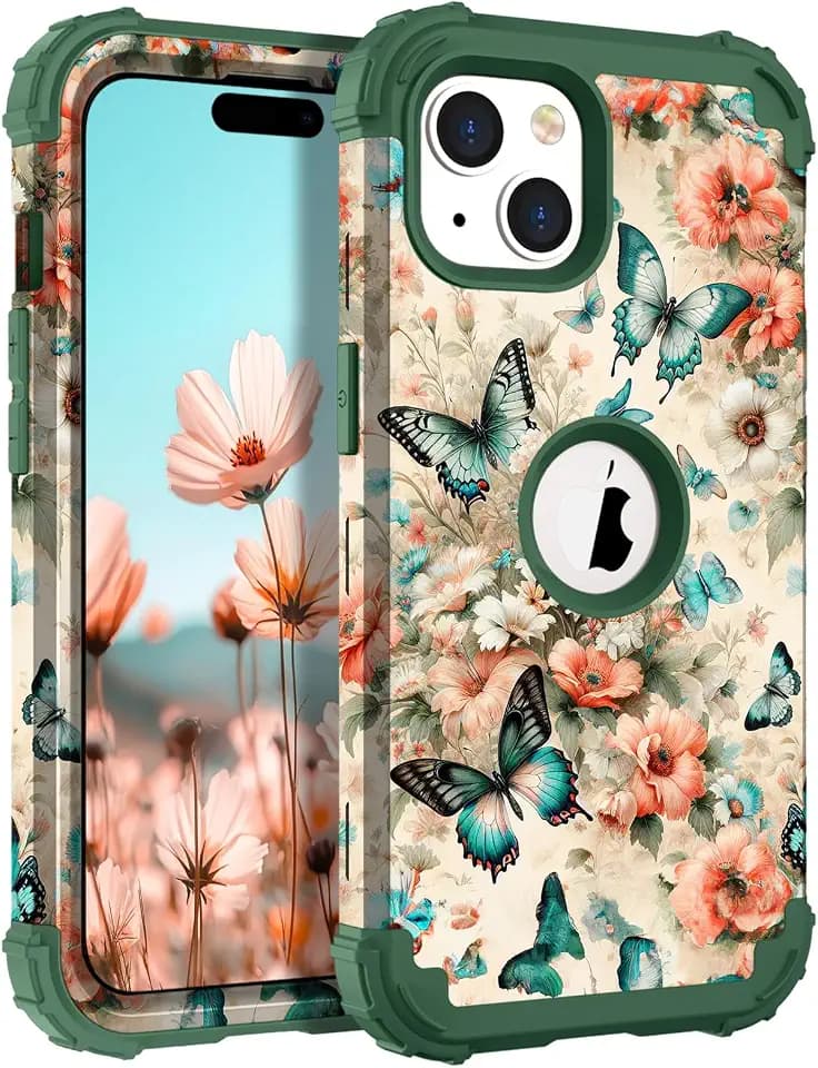 Hocase Heavy Duty Case for iPhone 15 Plus, Teal Green Butterflies