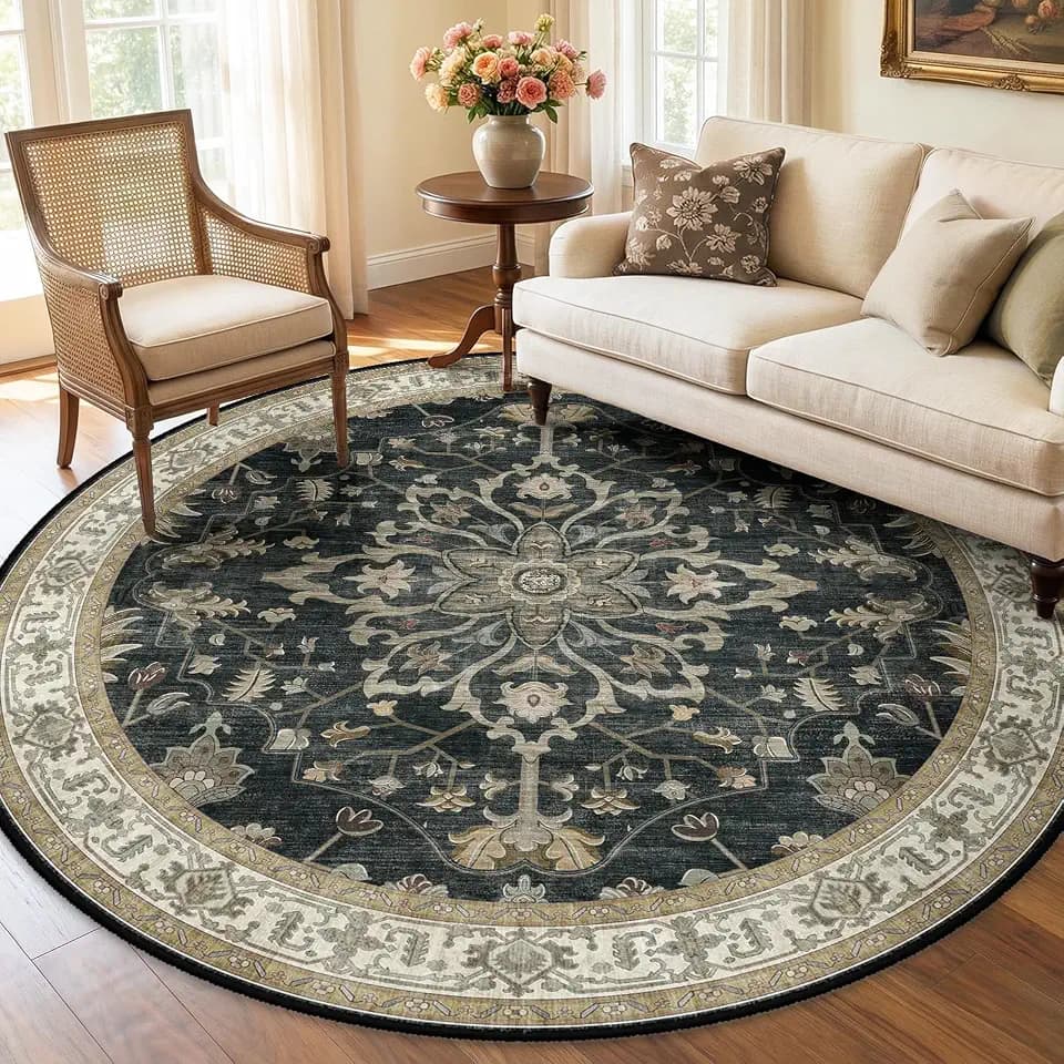 RELEANY Washable Area Rug, Round 6ft, Black/Vintage/Beige