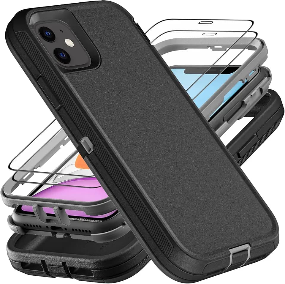 YKHJKLEC for iPhone 11 Case, Military Grade 3 in 1 Heavy Duty Shockproof/Drop Proof/Dust Proof Case with 2Pcs Tempered Glass Screen Protector (Black/Grey)