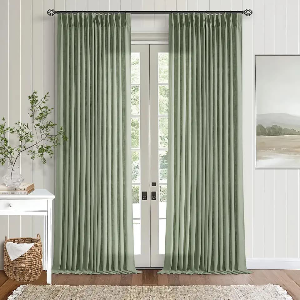 Sage Green Pinch Pleat Linen Semi Sheer Curtains 90 Inches Long 2 Panels