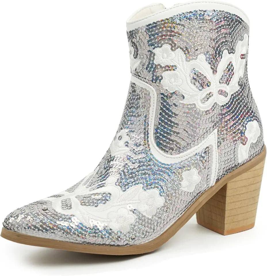 JABASIC Damen Western Stiefeletten Kurze Cowboystiefel mit Reißverschluss Spitze Stiefel