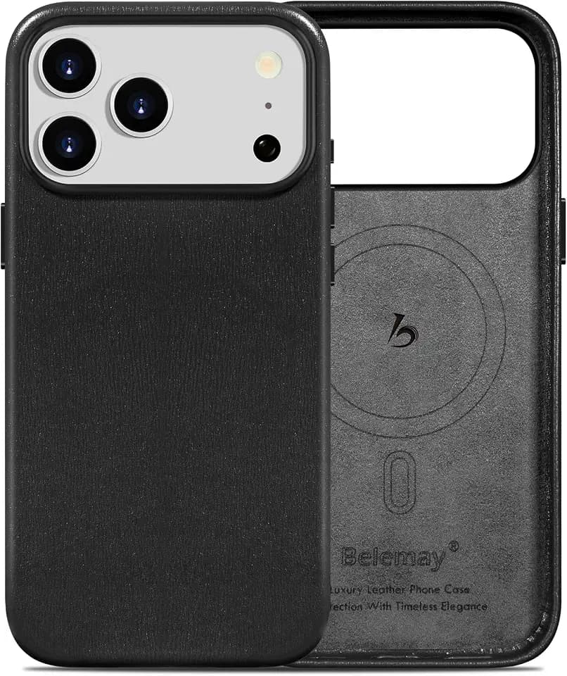 Belemay Handcrafted Textured Leather Case for iPhone 17 Pro Max, Black